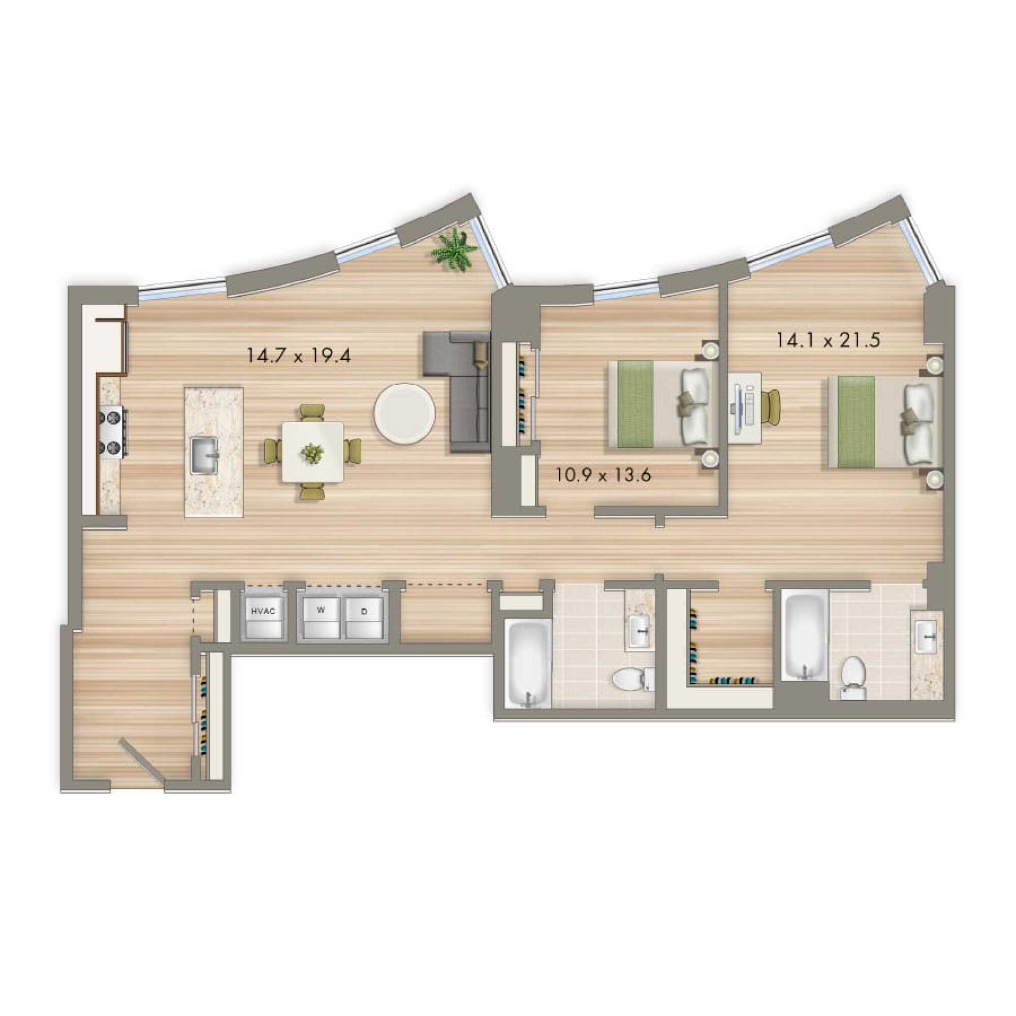 2 Bed 2 Bath floor plan